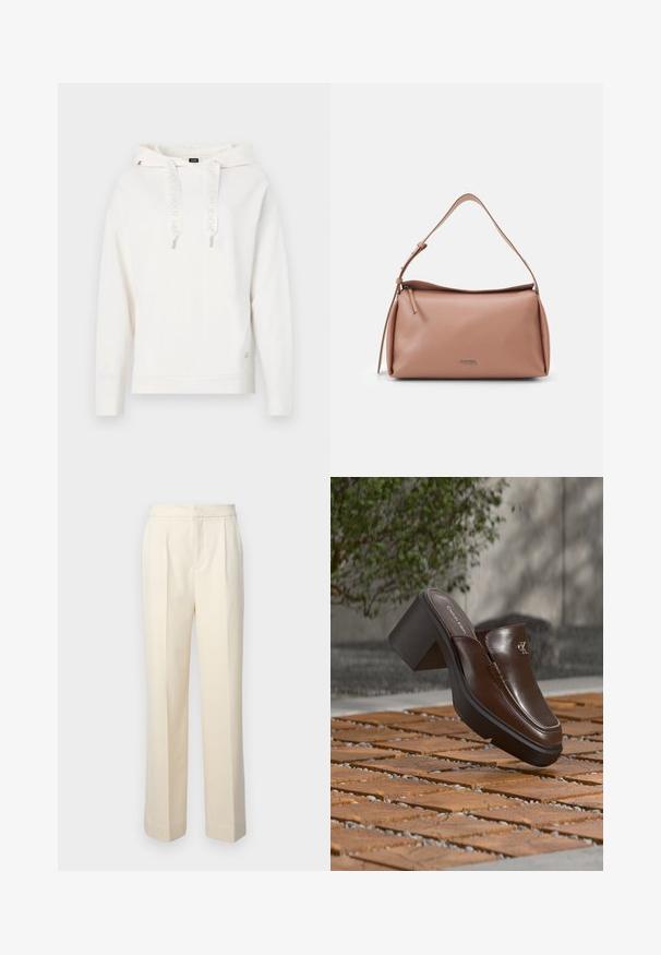 Sweat-shirt blanc avec capuche, cordons de serrage arborant un logo, poignets et ourlet côtelés. Détail brodé du logo sur la manches ; tissu doux et texturé.; Pantalons taillés de couleur crème avec une jambe droite, présentant des plis sur le devant et une finition lisse. La taille est plate et sans ornements.; Mule à talon en cuir marron Calvin Klein flottant au-dessus d'un sol en carrelage en bois avec en arrière-plan une plante verte et un mur flous.; Calvin Klein GRACIE SHOULDER BAG - Sac à main - ash rose