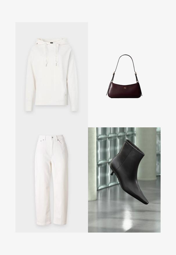 Sweat-shirt blanc avec capuche, cordons de serrage arborant un logo, poignets et ourlet côtelés. Détail brodé du logo sur la manches ; tissu doux et texturé.; Jean en denim blanc avec une coupe droite, taille haute, fermeture éclair et bouton métallique. Comprend cinq poches et une couture discrète.; Bottine en cuir noir avec bout pointu et petit talon, présentée devant un mur en blocs de verre et un sol poli.; Sac à main en cuir bordeaux foncé avec une fine sangle d'épaule noire et un petit logo doré "cK" au centre devant.