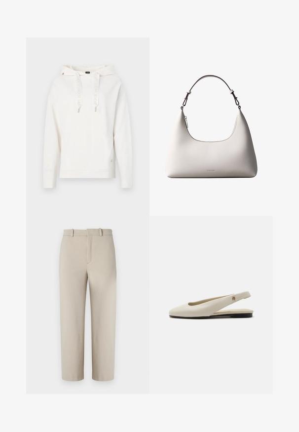 Hvid sweatshirt med hætte, snore i hætten med logo, ribbet manchetter og kant. Broderet logo detalje på ærmet; blødt, tekstureret stof.; Beige cropped bukser, skræddersyet design, flad foran med skjult lynlås, to sidelommer, lavet af glat bomuldsblandet stof.; Flatsko i cremefarvet læder med rundet tå og lille guldemblem på remmen.; Cremefarvet skuldertaske i læder fra Calvin Klein med buet topkant, sølvfarvet lynlås og mørkebrun justerbar rem.