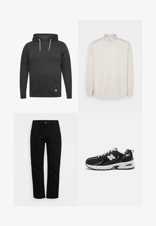 Hoodie gris foncé en tissu doux et mélangé. Il possède une poche avant, des cordons de serrage ajustables et des poignets et un ourlet côtelés.; Chemise à manches longues en coton beige clair. Dotée d'un col classique, d'une fermeture à boutons sur toute la longueur et de poignets à boutons. Texture lisse.; Jean noir en coton, avec une coupe classique, un design à cinq poches et un bouton métallique. Texture lisse avec des jambes droites.; Baskets de sport noires et grises avec un tige en mesh et en suède, présentant une semelle intermédiaire blanche, des lacets et un logo "N" audacieux sur le côté.
