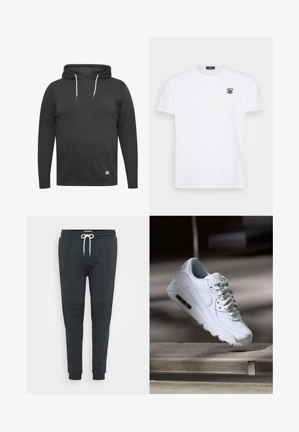 Hoodie gris foncé en tissu doux et mélangé. Il possède une poche avant, des cordons de serrage ajustables et des poignets et un ourlet côtelés.; T-shirt en coton blanc avec un col rond. Présente un petit logo brodé noir sur la poitrine. Manches courtes et coupe droite.; Pantalons de jogging gris foncé avec cordon blanc, détails côtelés aux genoux, taille élastique et chevilles resserrées sur un fond uni.; Baskets blanches en cuir avec des surfaces texturées, un col rembourré et un amorti d'air visible dans la semelle. Elles possèdent des lacets et un design minimaliste.