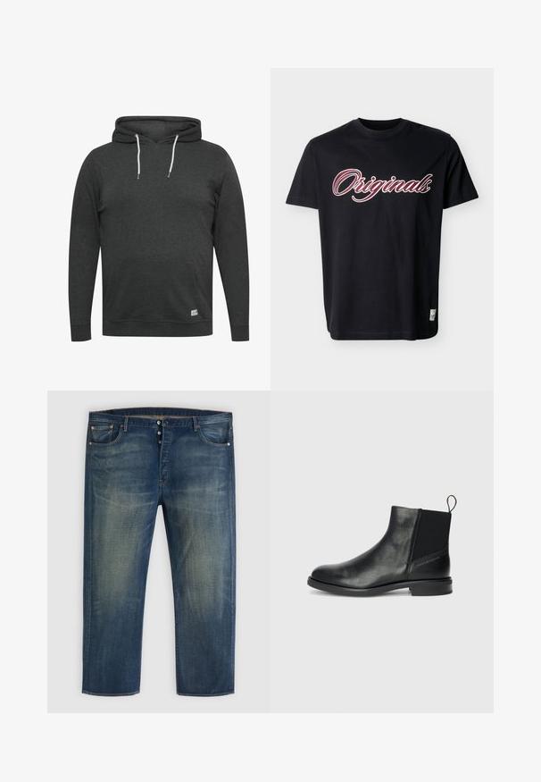 Mørkegrå hættejakke lavet af blødt, blandet stof. Har en frontlomme, justerbare snørebånd og ribbede manchetter og kant.; Sort t-shirt med korte ærmer med stor vinrød og hvid kursivteksts "Originals" hen over brystet og et lille hvidt mærke nær kanten.; Blå denimjeans med knaplukning, klassisk fem-lomme design og falmede detaljer på lår og knæ.; Sorte læder ankelstøvler med elastiske sidepaneler, rund tå, lav blokhæl og en strop bagpå for nem påtagning.