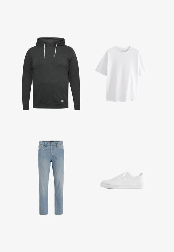 Mørkegrå hættejakke lavet af blødt, blandet stof. Har en frontlomme, justerbare snørebånd og ribbede manchetter og kant.; Hvid kortærmet T-shirt med rund hals og afslappet pasform, vist på hvid baggrund.; Lysblå denim jeans med lige snit, fem-lommers design, knaplukning og en let slidt finish.; Hvid lavtop sneakers med snørebånd, glat læderoverdel og flad gummiå sole set fra siden på en hvid baggrund.