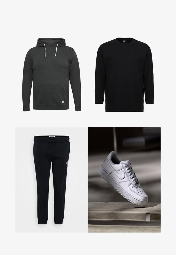 Hoodie gris foncé en tissu doux et mélangé. Il possède une poche avant, des cordons de serrage ajustables et des poignets et un ourlet côtelés.; T-shirt noir à manches longues en coton doux, avec un col rond et une coupe standard, sans graphiques ni motifs.; Pantalons de survêtement noirs en tissu doux, dotés d'une taille élastique, d'un cordon de serrage, de poches latérales et d'un petit logo sur la hanche.; La basket Nike Air Force 1 en cuir blanc présente un embout perforé, des lacets plats et une semelle en caoutchouc texturée avec le logo « AIR » sur le côté.
