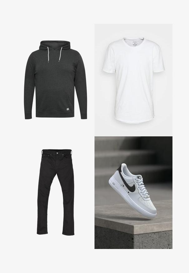 Mørkegrå hættejakke lavet af blødt, blandet stof. Har en frontlomme, justerbare snørebånd og ribbede manchetter og kant.; Hvid kortærmet T-shirt lavet af bomuld med en klassisk rund halsudskæring. Har en let buet kant og minimale syninger.; Sorte denim jeans med lige pasform, fem lommer og en metal knaplukning. Stoffet har en glat tekstur og minimale syninger.; Hvid Nike Air Force 1 sneaker med sort swoosh-logo, svævende over en betonforkant med slørede trapper i baggrunden.