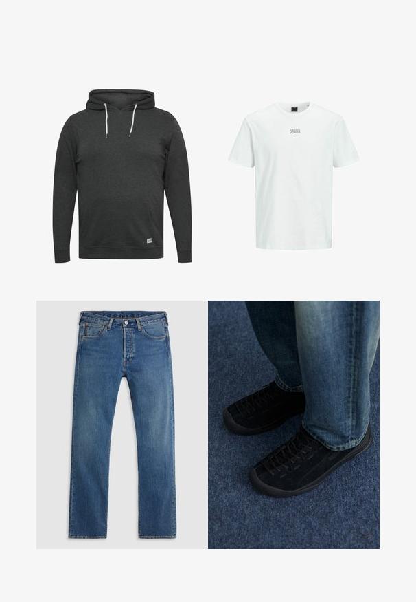 Mørkegrå hættejakke lavet af blødt, blandet stof. Har en frontlomme, justerbare snørebånd og ribbede manchetter og kant.; Hvid bomulds t-shirt med rund halsudskæring, korte ærmer og et lille gråt "JACK & JONES" logo på brystet. Enkel og klassisk design.; Blå straight-leg denimjeans med fem lommer, bæltestropper og lukning med knap og lynlås foran på en ensfarvet baggrund.; Sorte ruskindssneakers med tekstureret overflade, diskret snøring og holdbare gummisåler, parret med blå denim jeans.
