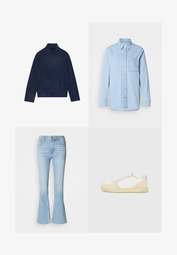 Mørkeblå rullekrave sweater med ribbet detaljering på kraven og ærmerne, lavet af et blødt, struktureret strikket stof med en afslappet silhuet.; Lyseblå denimskjorte med knaplukning foran, spids krave, enkelt brystlomme og lange ærmer med knapmanchetter.; Lyseblå vide jeans lavet af denim med høj talje, prydet med subtil falming og en standard lynlås-lukning.; Hvid og beige sneaker med en overdel i ruskind og tekstil, med kontrastsyninger, en gummisål og en lyseblå detalje på hælen.