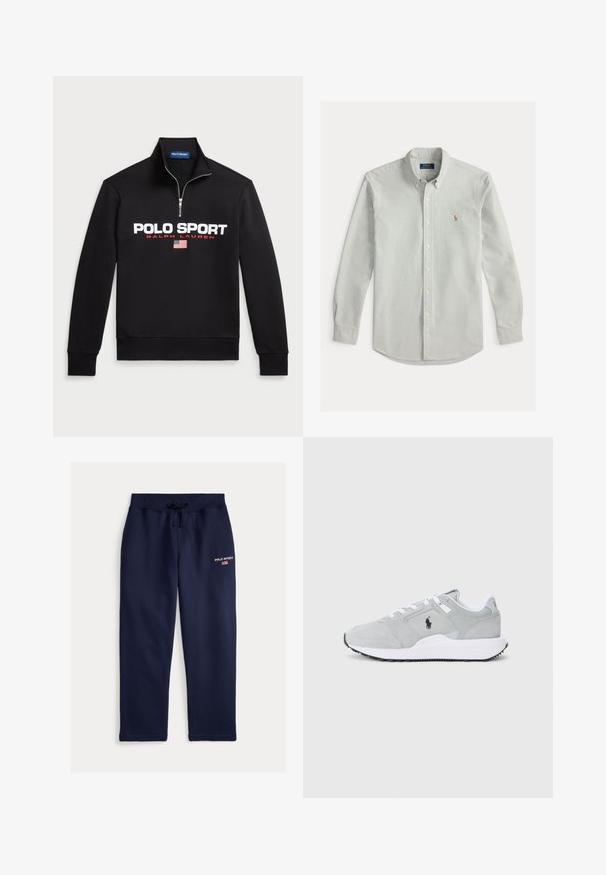 Sort zip-neck sweatshirt lavet af blødt stof med et stort hvidt "POLO SPORT" logo, røde detaljer og et lille amerikansk flag grafik.; Lysegrå skjorte med knaplukket krave, lange ærmer og logo broderi på venstre bryst. Har knappede manchetter og blød tekstur.; Marineblå joggingsbukser lavet af blødt stof med elastisk talje og snøre samt en rød "POLO SPORT"-logo på siden.; Grå træningssko med mesh- og ruskindsdesign, udstyret med hvide snørebånd og et sort logo på siden, sat på en ensfarvet baggrund.