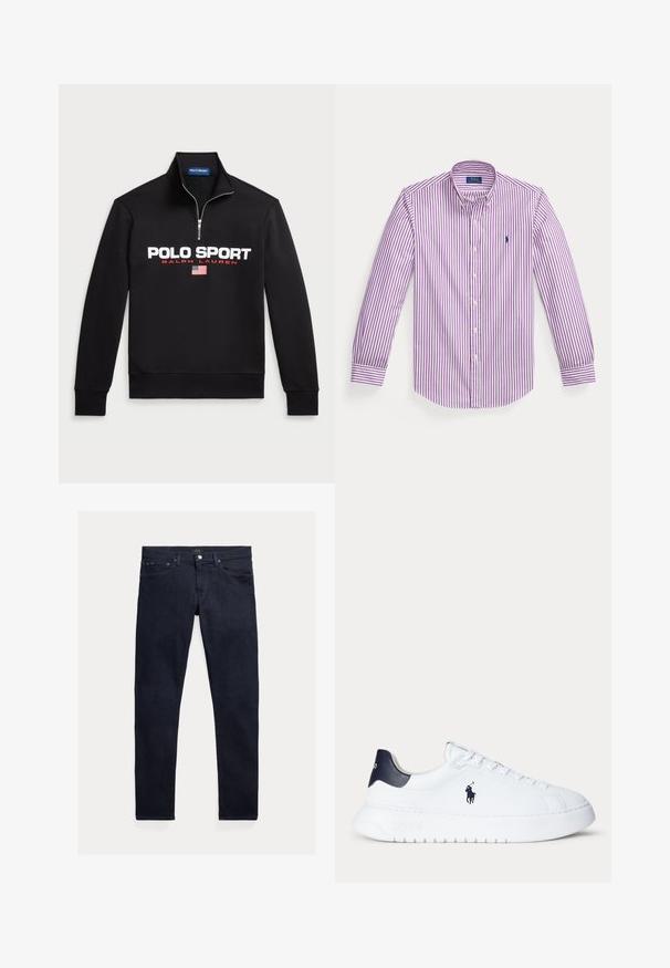 Schwarzer Zip-Hoodie aus weichem Stoff mit großem weißen "POLO SPORT"-Logo, roten Akzenten und einer kleinen amerikanischen Flagge.; Langärmliges Hemd mit Knopfleiste, lila und weißen vertikalen Streifen und einem kleinen gestickten Logo auf der Brust.; Dunkelblaue Denim-Jeans mit schmaler Passform. Mit fünf Taschen, einem Reißverschluss und einem metallischen Knopfverschluss. Glatte Oberfläche mit minimalem Ausbleichen.; Weißer Sneaker mit niedrigem Schaft, schwarzem Fersenlasche und schwarzem Polo Ralph Lauren-Logo an der Seite, mit weißen Schnürsenkeln und dicker Sohle.