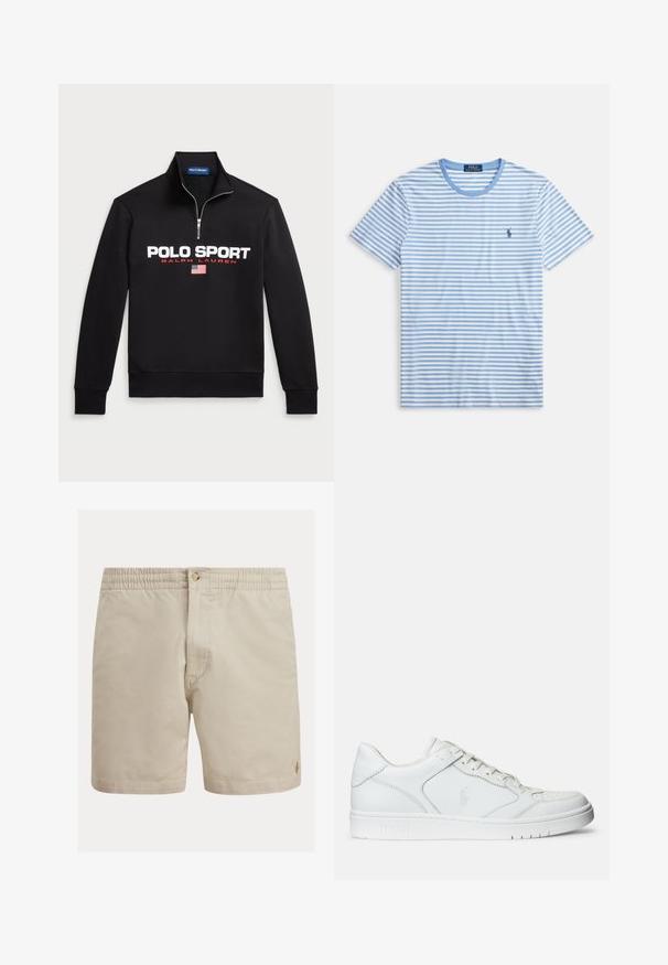 Schwarzer Zip-Hoodie aus weichem Stoff mit großem weißen "POLO SPORT"-Logo, roten Akzenten und einer kleinen amerikanischen Flagge.; Gestreiftes T-Shirt in Hellblau und Weiß, kurze Ärmel, Rundhalsausschnitt, mit einem kleinen, auf der linken Brustseite aufgestickten Logo. Aus Baumwollmaterial.; Beige Shorts aus Baumwolle mit einem elastischen Bund, Knopfverschluss und einem dezenten Logo-Akzent. Glatte Textur, gerader Schnitt und maßgeschneidertes Design.; Weißer Ledersneaker mit glatter Textur, ausgestattet mit einer perforierten Zehenpartie, Schnürverschluss und gesticktem Logo an der Seite. Weiße Gummisohle.