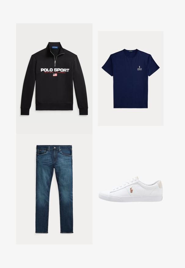 Schwarzer Zip-Hoodie aus weichem Stoff mit großem weißen "POLO SPORT"-Logo, roten Akzenten und einer kleinen amerikanischen Flagge.; Marineblaues T-Shirt mit kurzen Ärmeln und Rundhalsausschnitt mit kleinem weißen Polo Ralph Lauren Logo auf der linken Brust.; Dunkelblaue Slim-Fit-Jeans mit vorderem Knopf und Reißverschluss, fünf Taschen sowie dezenter Verfärbung an den vorderen Oberschenkeln und Knien.; Weiße Leinensneaker im Low-Top-Design mit einem beigen Ferseneinsatz und einem kleinen gestickten Logo an der Seite. Gummisohle.