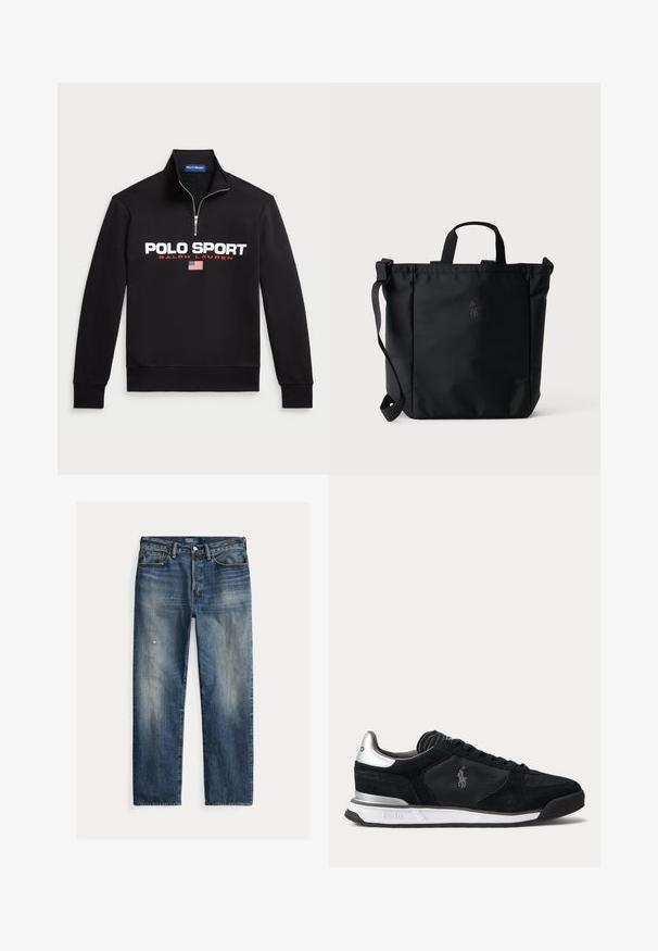 Zwarte sweatshirt met rits en een zachte stof, voorzien van een groot wit "POLO SPORT" logo, rode accenten en een kleine Amerikaanse vlaggraphic.; Blauwe jeans in een ontspannen pasvorm met een vervaagde afwerking, zichtbare slijtageplekken, een rechte silhouet en een traditionele knoopsluiting.; Zwart-zilverkleurige lage sneaker met veters, witte zool en geborduurd Polo-logo aan de zijkant, gezien vanaf de buitenkant.; Zwarte tote tas met bovenhandvatten, een verstelbare schouderriem en een subtiel geborduurd logo aan de voorkant in het midden.