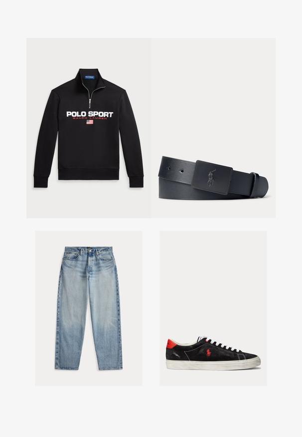 Čierna mikina so zipsom a vysokým golierom vyrobená z mäkkého materiálu, ktorá má veľké biele logo "POLO SPORT", červené akcenty a malú grafiku americkej vlajky.; Svetlomodré džínsy z denimu s voľnejším strihom. Majú vysoký pás, päť vreciek a viditeľné prešívanie. Povrch je mierne textúrovaný.; Čierne semišové tenisky s bielymi šnúrkami, červenými akcentmi na päte a malým červeným logom. Obsahujú plochú gumovú podrážku a jednoduché prešívanie.; Čierny kožený opasok s čiernou obdĺžnikovou prackou so zapusteným logom hráča póla.