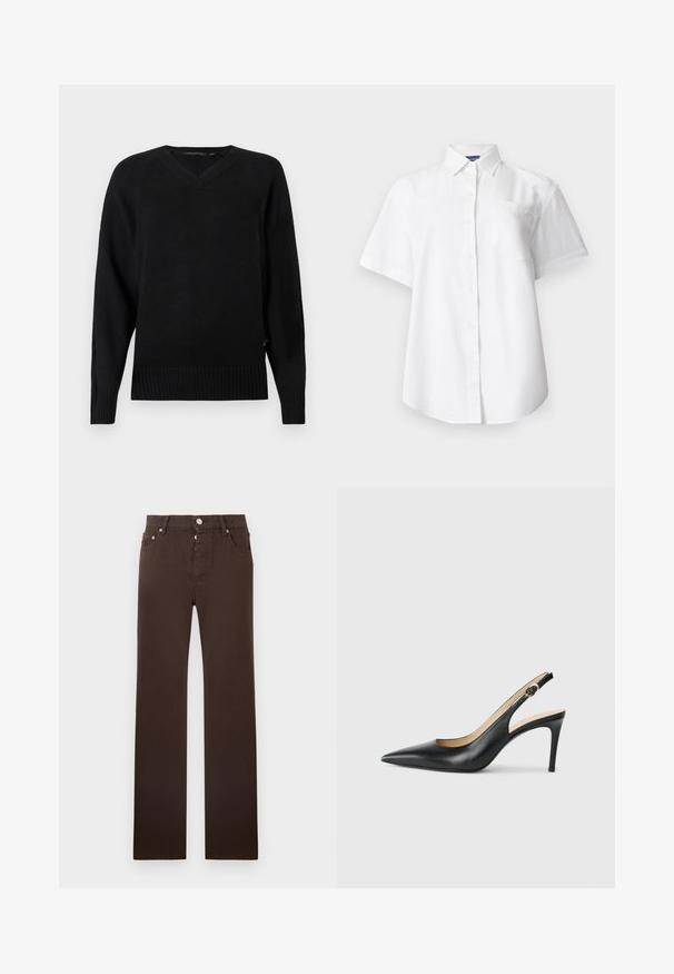 Pull en maille noir avec un col en V, des manches longues, un ourlet côtelé et des fentes sur les côtés. La texture est lisse avec une apparence légère.; Chemise blanche à manches courtes avec col et poche poitrine, présentée sur un fond clair uni.; Jean marron coupe droite en tissu mélange de coton, doté d'une fermeture à boutons, de cinq poches et de lignes épurées sans motifs.; Escarpins en cuir noir avec une pointe fine, une bride ajustable et un talon aiguille élégant, présentant une finition lisse.