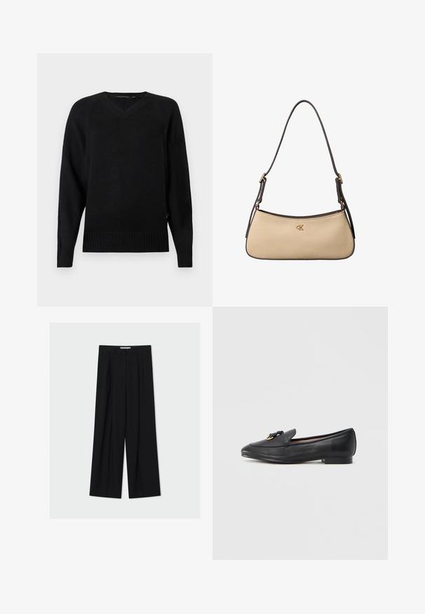 Pull en maille noir avec un col en V, des manches longues, un ourlet côtelé et des fentes sur les côtés. La texture est lisse avec une apparence légère.; Pantalon noir taille haute à jambes larges avec passants de ceinture et plis devant, présenté sur un fond gris clair.; Mocassin en cuir noir avec un bout arrondi, un nœud décoratif et un détail doré sur l'empeigne, et un talon bas carré. Texture lisse.; Sac à bandoulière rectangulaire beige avec une sangle réglable brun foncé et un logo doré "cK" centré à l'avant.
