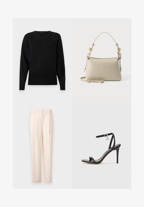 Pull en maille noir avec un col en V, des manches longues, un ourlet côtelé et des fentes sur les côtés. La texture est lisse avec une apparence légère.; Un pantalon beige clair au design ajusté, comportant un fermoir à l'avant, un tissu lisse, une coupe droite et sans motifs ni accents visibles.; Sandale à talon haut noire avec une bride étroite à la cheville, bout carré, cuir lisse et accent de boucle métallique.; Sac à bandoulière en cuir beige avec bandoulière réglable, ferrures dorées et logo A|X Armani Exchange à l’avant.