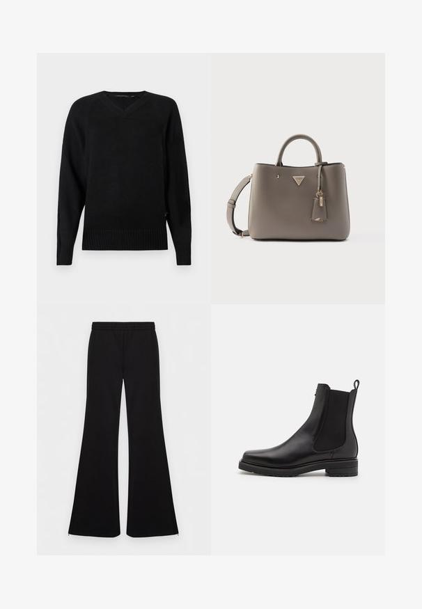 Pull en maille noir avec un col en V, des manches longues, un ourlet côtelé et des fentes sur les côtés. La texture est lisse avec une apparence légère.; Pantalon noir évasé avec taille élastique et fermetures éclair aux chevilles, devant plat, tissu lisse, présenté sur un fond blanc uni.; Bottines noires en cuir avec des panneaux élastiques sur les côtés, un petit talon empilé, et une languette à l'arrière. Texture lisse et design épuré.; Sac à main en similicuir gris avec deux poignées supérieures, bandoulière amovible, accessoires dorés et une petite étiquette attachée.
