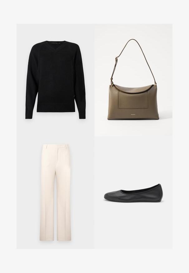 Pull en maille noir avec un col en V, des manches longues, un ourlet côtelé et des fentes sur les côtés. La texture est lisse avec une apparence légère.; Pantalons beige ajustés avec une coupe droite, fabriqués en tissu léger. Dotés de plis avant et d'une taille classique.; Ballerines en cuir noir avec un bout rond, texture lisse, détails de couture minimalistes et design de semelle flexible.; Sac à main en cuir vert olive avec une surface texturée, une fermeture à rabat et une bandoulière réglable. Comprend une poche frontale et des accessoires en métal doré.