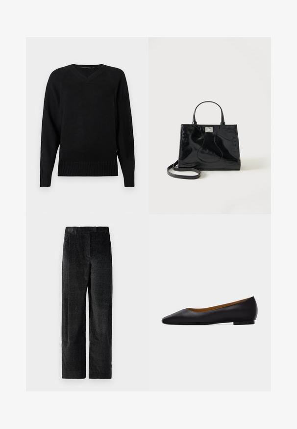 Pull en maille noir avec un col en V, des manches longues, un ourlet côtelé et des fentes sur les côtés. La texture est lisse avec une apparence légère.; Pantalons larges noirs texturés avec un tissage prononcé, dotés de plis à l'avant et d'une taille plate. Design classique pour la polyvalence.; Chaussure plate en cuir noir à bout pointu avec talon bas et finition lisse, vue de côté sur un fond gris clair.; Sac à main en cuir verni noir avec poignées arrondies, bandoulière détachable et fermeture à boucle argentée sur fond blanc uni.