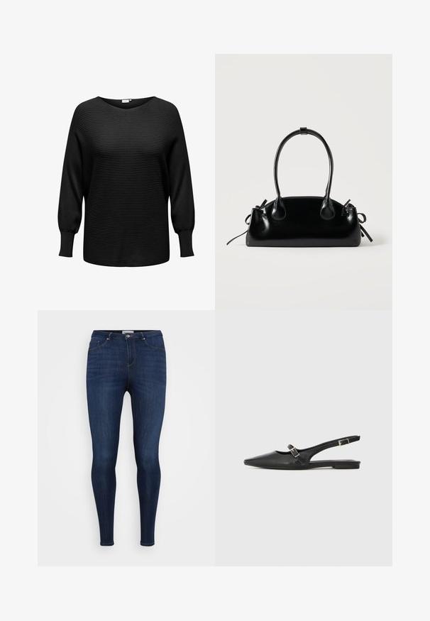 Sort pullover sweater med ribbet tekstur, bred halsudskæring og lange, let puffede ærmer. Fremstillet af blødt, strækbart stof.; ONLY Carmakoma Skinny fit CARTHUNDER - Jeans Skinny Fit - dark blue denim; Sorte læder slingback-sko med spids tå, med en smal rem og en sølvspænde-detalje på siden. Flad sål.; Lille sort blank håndtaske med to lange håndtag og snøre-detaljer i siden på en ensfarvet lys baggrund.