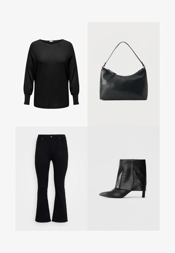 Sort pullover sweater med ribbet tekstur, bred halsudskæring og lange, let puffede ærmer. Fremstillet af blødt, strækbart stof.; ONLY Carmakoma Flared fit CARWILLY High waist - Flared jeans - black denim; Sort læderstøvle til midten af læggen med spids tå, foldet øvre skaft og slank lav hæl, der står på hvid baggrund.; Sort skuldertaske i struktureret læder med buet toplynlås og enkelt justerbar rem mod ensfarvet baggrund.