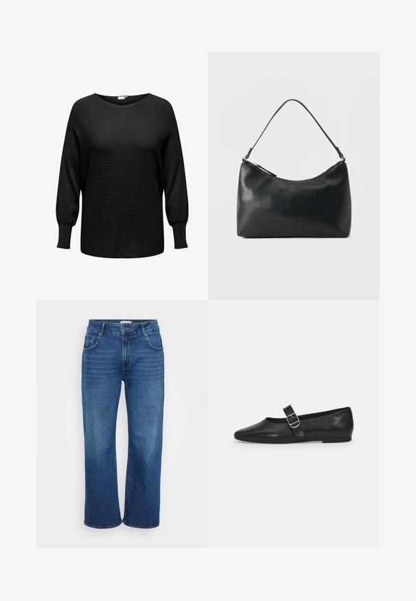 Zwarte pullovertrui met geribbelde textuur, brede halslijn en lange, iets opbollende mouwen. Gemaakt van zachte, rekbare stof.; wide-leg jeans van donkerblauwe denim. Bevat vijf zakken, ceintuurlussen en een lichte vervaging langs de benen. Glad materiaal met een standaard pasvorm.; Zwarte leren platte schoen met een ronde neus, een enkele verstelbare gespsluiting en een gladde, glanzende textuur. Minimalistisch ontwerp met een lage hak.; Zwarte leren schoudertas met textuur, voorzien van een gebogen bovenrits en een enkele verstelbare riem, afgebeeld tegen een egale achtergrond.