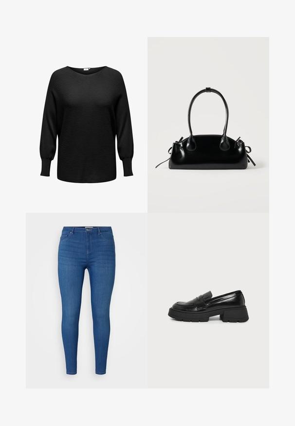 Zwarte pullovertrui met geribbelde textuur, brede halslijn en lange, iets opbollende mouwen. Gemaakt van zachte, rekbare stof.; Blauwe denim skinny jeans met een gemiddelde taille, vijf-pocket ontwerp en subtiele vervaging. Klassieke stiksels en metalen knoopdetails.; Zwarte leren loafer met dikke platformzool en lage blokhak, zijkant zichtbaar op een effen lichte achtergrond.; Kleine zwarte glanzende handtas met twee lange hengsels en zijkant trekkoord details op een effen lichte achtergrond.