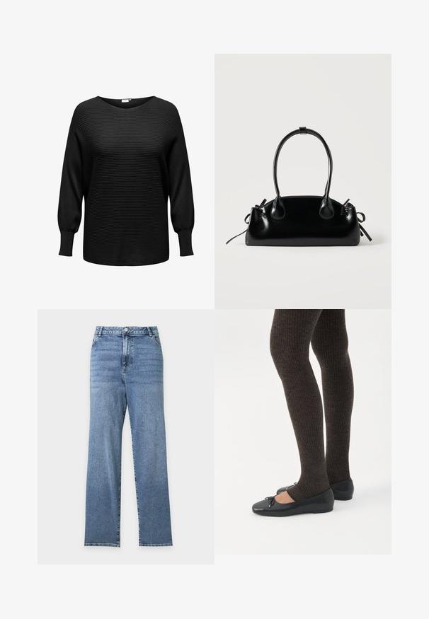 Zwarte pullovertrui met geribbelde textuur, brede halslijn en lange, iets opbollende mouwen. Gemaakt van zachte, rekbare stof.; Blauwe high waist jeans met rechte pijpen, voorzakken, knoopsluiting en subtiele vervaging op de bovenbenen.; Benen met donkere geribbelde leggings gecombineerd met zwarte ballerina's met kleine strikdetails op een witte achtergrond.; Kleine zwarte glanzende handtas met twee lange hengsels en zijkant trekkoord details op een effen lichte achtergrond.