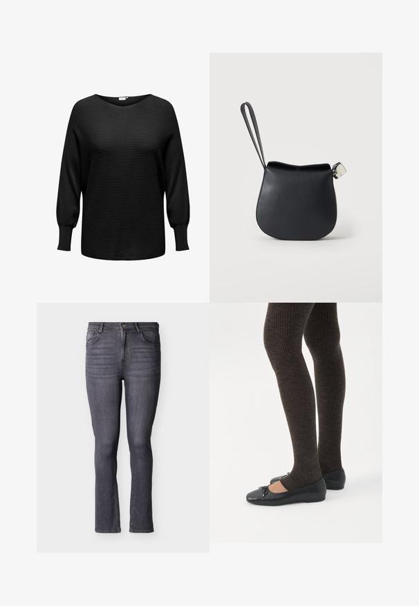 Pull noir en tricot à texture côtelée, décolleté large et manches longues légèrement bouffantes. Fabriqué en tissu doux et extensible.; Jean slim en denim gris avec cinq poches, fermeture par bouton et zipper à l'avant, présentant des détails subtils d'effilochage et de couture.; Jambes portant des leggings côtelés foncés associés à des ballerines noires avec de petits détails en nœud sur fond blanc.; Pochette en cuir noir pour poignet avec base arrondie et fermoir argenté sur fond blanc uni.