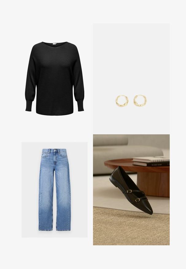 Zwarte pullovertrui met geribbelde textuur, brede halslijn en lange, iets opbollende mouwen. Gemaakt van zachte, rekbare stof.; High waist, lichtblauwe denim jeans met brede pijpen, voorkant met knoop en rits, riemlussen en vijfzakkenstijl.; Zwarte platte schoen met puntige neus en twee dunne gespspanners die boven een beige tapijt zweven, met een houten salontafel en boeken op de achtergrond.; Gouden creolen met een gestructureerd, onregelmatig oppervlak. Beschikt over een lichtgewicht ontwerp en een ronde vorm, geschikt voor dagelijks gebruik.