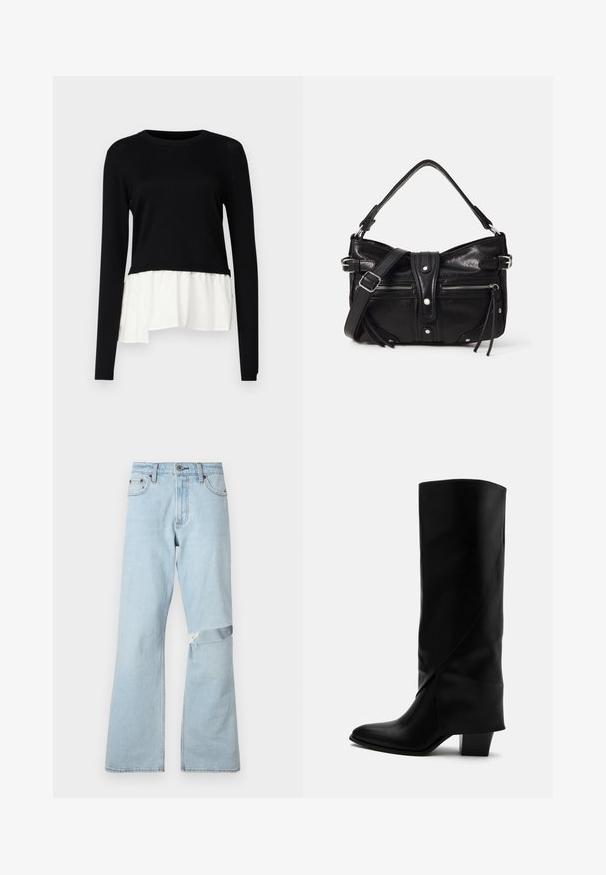 Zwart langemouwtop met een contrasterende witte ruffles aan de onderkant, ronde halslijn en zachte textuur. Ontworpen met een relaxte pasvorm.; Lichtblauwe denim jeans met een uitlopende snit, met een verweerd stuk op de knie en standaard voorzakken.; Hoge zwarte leren laars met schuine stiksels, puntige neus en stevige hak van gemiddelde hoogte op witte achtergrond.; Even&Odd by Zalando H24462 - Handtas - black
