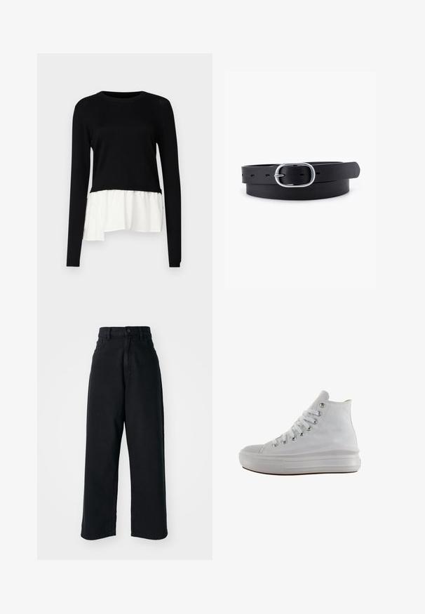 Top negro de manga larga con un dobladillo rizado blanco en contraste, cuello redondo y textura suave. Diseñado con un corte relajado.; Jeans anchos de tiro alto en negro, con bolsillos frontales y cierre de botón, exhibidos sobre un fondo blanco liso.; Zapatilla de lona blanca de caña alta con cordones blancos, ojales metálicos, suela gruesa de goma y puntera texturizada, mirando hacia la izquierda sobre un fondo blanco.; Cinturón de cuero negro con una textura suave, hebilla ovalada de metal plateado y múltiples agujeros de ajuste a lo largo de la correa. Diseño plano y minimalista.