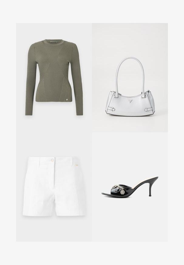 Pull en maille côtelée vert olive à manches longues, avec des panneaux texturés et un petit logo en accent sur l'ourlet. Col rond.; Shorts en coton blancs avec une coupe droite, dotés d'une fermeture à bouton sur le devant et de poches latérales. Texture lisse avec un minimum de détails.; Mule à talon haut en cuir verni noir avec bout ouvert et breloques argentées décoratives comprenant une fleur et un cadenas sur la bride avant.; Sac à main argenté avec un design structuré, doté de deux poignées, d'une texture brillante, de quincaillerie accentuée et d'un logo triangulaire sur le devant.