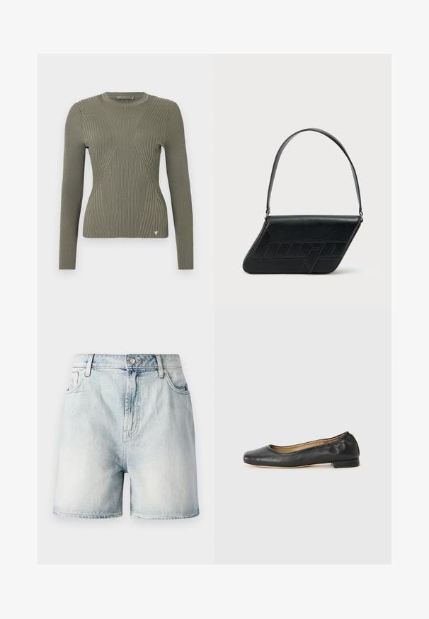 Pull en maille côtelée vert olive à manches longues, avec des panneaux texturés et un petit logo en accent sur l'ourlet. Col rond.; Shorts en denim bleu clair avec fermeture par bouton, cinq poches et une texture délavée. Coupe droite au design classique.; Ballerines en cuir noir avec un bout arrondi et des coutures minimales. Talon bas et rectangulaire avec une texture lisse. Détails subtils de doublure intérieure.; Sac d'épaule en cuir noir de forme triangulaire, avec un logo embossé et une seule bandoulière réglable. Design minimaliste avec une texture lisse.