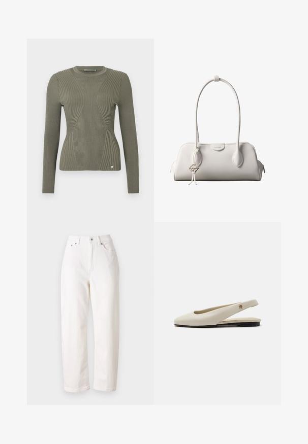 Pull en maille côtelée vert olive à manches longues, avec des panneaux texturés et un petit logo en accent sur l'ourlet. Col rond.; Jean en denim blanc avec une coupe droite, taille haute, fermeture éclair et bouton métallique. Comprend cinq poches et une couture discrète.; Chaussure plate slingback en cuir couleur crème avec un bout arrondi et un petit emblème doré sur la bride.; Sac à bandoulière blanc Calvin Klein avec longues poignées, forme rectangulaire, fermeture éclair et charm logo décoratif suspendu près de la poignée.