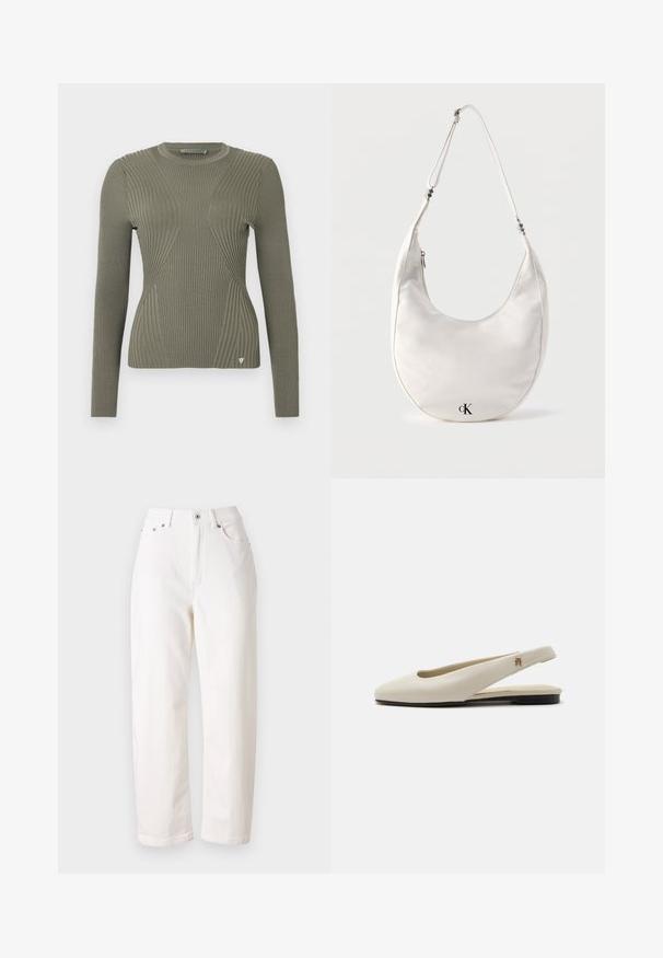 Pull en maille côtelée vert olive à manches longues, avec des panneaux texturés et un petit logo en accent sur l'ourlet. Col rond.; Jean en denim blanc avec une coupe droite, taille haute, fermeture éclair et bouton métallique. Comprend cinq poches et une couture discrète.; Chaussure plate slingback en cuir couleur crème avec un bout arrondi et un petit emblème doré sur la bride.; Sac d'épaule blanc en forme de croissant avec une sangle réglable et un logo "cK" noir près du centre inférieur sur un fond uni.