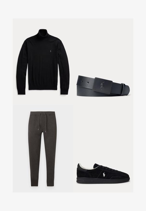 Zwarte coltrui met lange mouwen en geribde boorden en zoom, voorzien van een klein geborduurd logo op de linkerborst.; Donkergrijze sweatpants gemaakt van zacht materiaal, met een elastische tailleband en trekkoorden, taps toelopende pijpen en boorden bij de enkels.; Zwarte lage sneaker met zwarte veters, witte voering en wit Polo Ralph Lauren-logo op de zijkant en hiel.; Zwarte leren riem met een zwarte rechthoekige gesp met een geperst polo-speler logo.