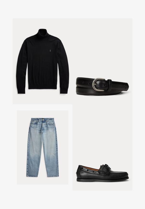 Schwarzer Langarm-Rollkragenpullover mit gerippten Bündchen und Saum, mit kleinem gesticktem Logo auf der linken Brust.; Hellblaue Jeans aus Denim mit lockerem Schnitt. Sie haben eine hohe Taille, fünf Taschen und sichtbare Nähte. Die Oberfläche ist leicht strukturiert.; Schwarzer Ledermokassin mit Schnürdetail und flacher Gummisohle, seitlich auf hellem Hintergrund gezeigt.; Schwarzer Ledergürtel mit silberner ovaler Schnalle, genähten Kanten und geprägtem kleinem Logo nahe der spitzen Spitze, auf einem weißen Hintergrund zusammengerollt liegend.