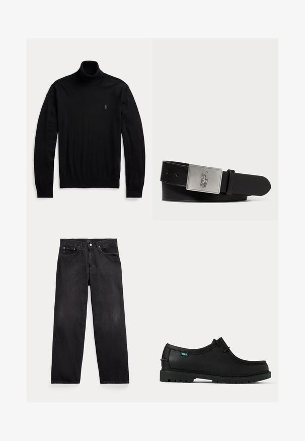 Schwarzer Langarm-Rollkragenpullover mit gerippten Bündchen und Saum, mit kleinem gesticktem Logo auf der linken Brust.; Schwarze Jeans mit geradem Bein, fünf Taschen, Knopfverschluss und sichtbaren Metallnieten an den vorderen Taschen.; Schwarzer Leder-Schnürschuh für den Alltag mit dicker profillierter Sohle und kleinem grünem "Polo" Etikett an der Seite nahe der Ferse.; Schwarzer Leder-Gürtel mit einer rechteckigen silbernen Metall-Schnalle, die ein geprägtes Reiter-Logo trägt, glatter Textur und fünf Gürtellöchern.