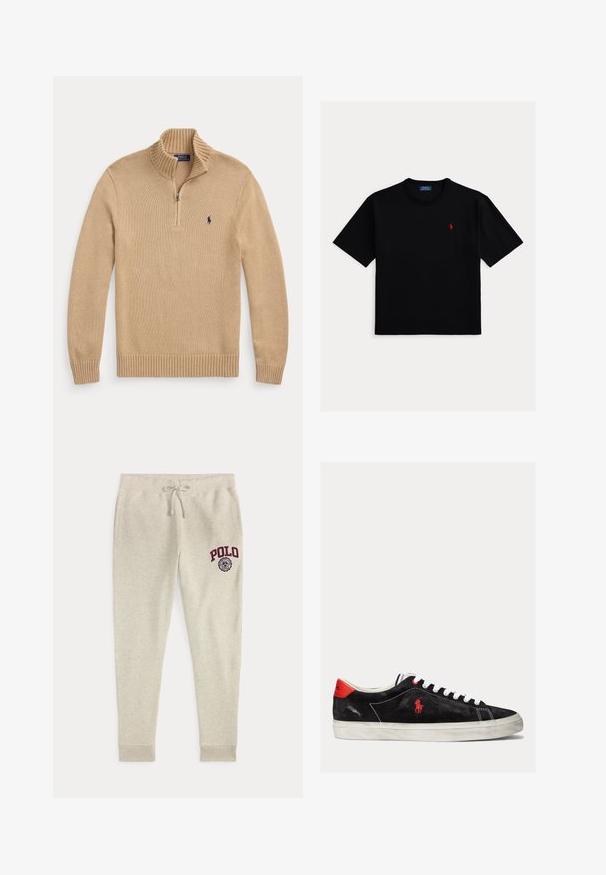Pull en maille beige avec une fermeture éclair au quart et un petit logo Polo Ralph Lauren bleu foncé sur la poitrine gauche.; T-shirt noir à manches courtes en coton, avec un col rond et un petit logo polo rouge sur le côté gauche de la poitrine.; Pantalon de survêtement beige à cordon avec poches latérales et logo et emblème rouges "POLO" sur la partie supérieure de la cuisse gauche.; Baskets en suède noires avec des lacets blancs, des accents rouges sur le talon et un petit logo rouge. Dotées d'une semelle plate en caoutchouc et d'une couture simple.