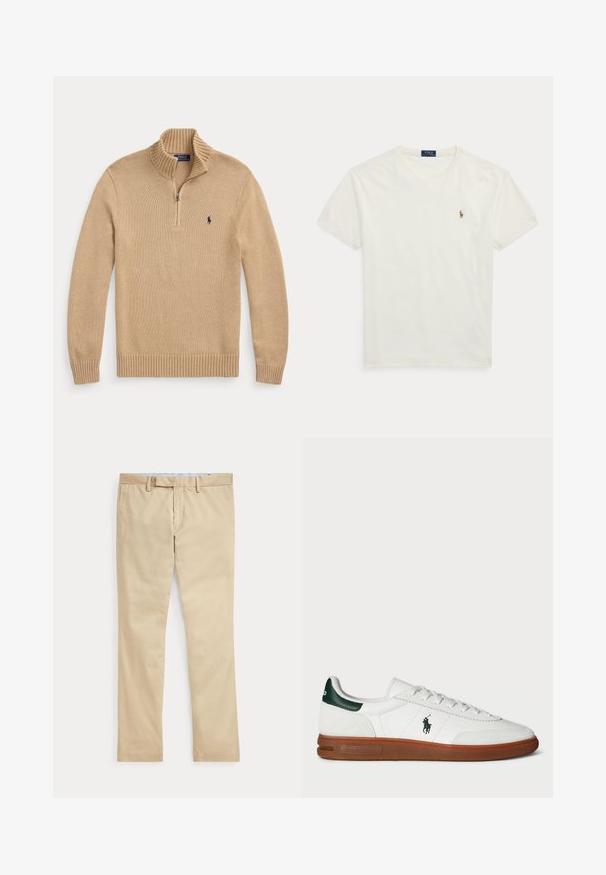 Pull en maille beige avec une fermeture éclair au quart et un petit logo Polo Ralph Lauren bleu foncé sur la poitrine gauche.; T-shirt blanc en coton à manches courtes avec col rond, petit logo brodé Polo Ralph Lauren sur la poitrine gauche.; Pantalon beige à jambes droites avec passants de ceinture et braguette zippée à l'avant, posé à plat sur un fond blanc.; Baskets en cuir blanc avec accent vert au talon, panneau en suède texturé, semelle en caoutchouc et logo brodé sur le côté. Présente un design à lacets.