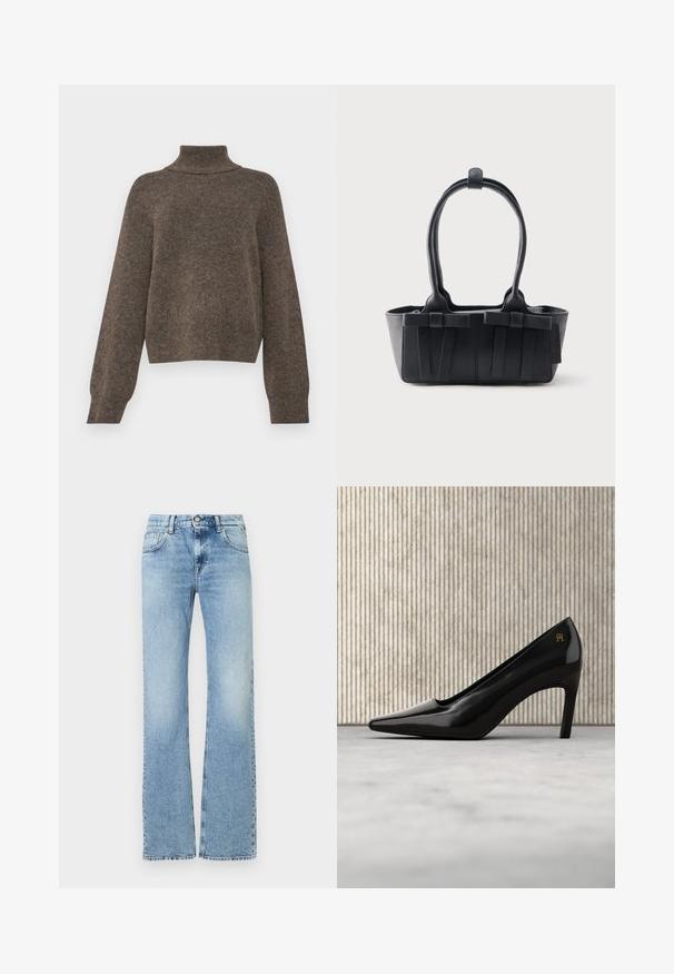 Bruine, gebreide trui met een hoge kraag en een losse pasvorm. Bevat lange mouwen en een zachte, textuurrijke stof.; Lichtblauwe high-waist denim jeans met lichte vervaging, sluiting met een frontknop en rits, en een vijf-pocket ontwerp, met een rechte pijp.; Zwarte pumps met spits toelopende neus en hoge hak, voorzien van een gouden logodetail, rechtop geplaatst op een reflecterend oppervlak naast een metalen ordnerhouder.; Zwarte leren handtas met twee handvatten, decoratieve riemen en een rechthoekige bodem op een effen lichte achtergrond.