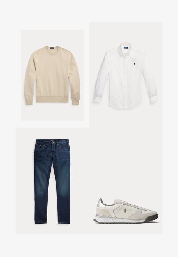 Sudadera de algodón beige con cuello redondo, puños y dobladillo acanalados. Presenta un pequeño logo bordado en el pecho. Textura suave, diseño casual.; Camisa blanca de manga larga con botones, cuello abotonado y pequeño logo Polo Ralph Lauren en azul marino en el pecho izquierdo.; Vaqueros de mezclilla azul oscuro con cinco bolsillos, cremallera y cierre de botón, extendidos sobre un fondo blanco.; Zapatilla blanca y gris claro de perfil bajo con logo de Polo en el lateral, cordones en la parte delantera y detalle plateado en el talón.
