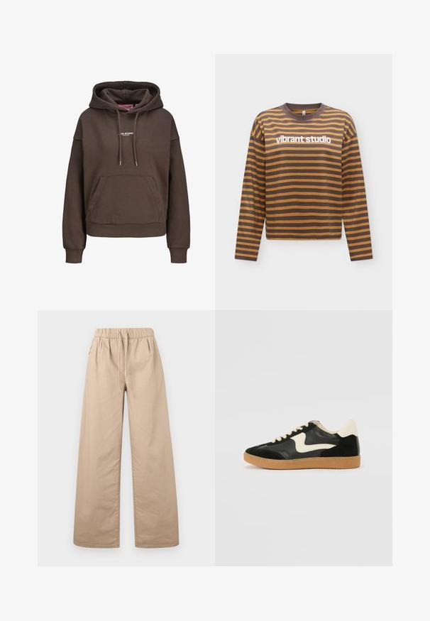 Brun oversized hættetrøje med forlommekænguru, justerbar snøre i hætten, ribkant ved ærmerne og lille hvid "XX STUDIO" logo på brystet.; Langærmet brun og sennepsstribet trøje med rund hals og hvid "vibrant studio" tekst på brystet mod en hvid baggrund.; Beige viddebukser med elastisk talje og snøre, lavet af glat stof, vist mod en ensfarvet lys baggrund.; Sorte ruskinds- og lædersneakers med en cremefarvet side-swoosh og lys cremefarvet hæl. Har beige snørebånd og en gummirubber-sål.