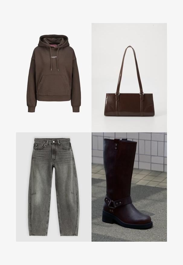 Brun oversized hættetrøje med forlommekænguru, justerbar snøre i hætten, ribkant ved ærmerne og lille hvid "XX STUDIO" logo på brystet.; Højtaljede gråvaskede denimjeans med fem lommer, knaplukning og en afslappet lige pasform.; Mørkebrune læderstøvler til midt på læggen med sort sål og sølvnitte detaljer, placeret på udendørs fortov nær flisebelagt væg.; Brun lakeret håndtaske med rektangulær form, to lange håndtag og subtile buede detaljer på fronten.