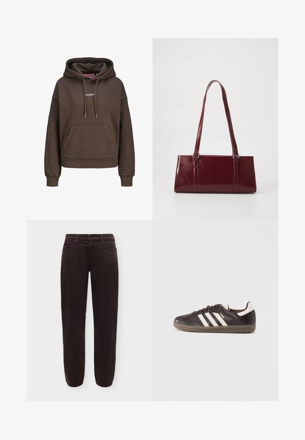 Brauner übergroßer Hoodie mit vorderer Kängurutasche, verstellbarer Kapuze mit Kordelzug, gerippten Bündchen und kleinem weißen "XX STUDIO"-Logo auf der Brust.; Dunkelbraune gerade geschnittene Hose mit vorderer Knopfleiste und Reißverschluss, Gürtelschlaufen und seitlichen Taschen, auf weißem Hintergrund dargestellt.; Dunkelbraune Ledersneaker mit weißem Drei-Streifen-Design, einer Gummisohle und dem Schriftzug "Samba" in goldener Schrift an der Seite. Klassische, niedrige Form.; Burgunderfarbene Handtasche aus glänzendem Material, rechteckige Form, mit zwei Schulterriemen und subtilen, geschwungenen Akzenten an der Vorderseite.