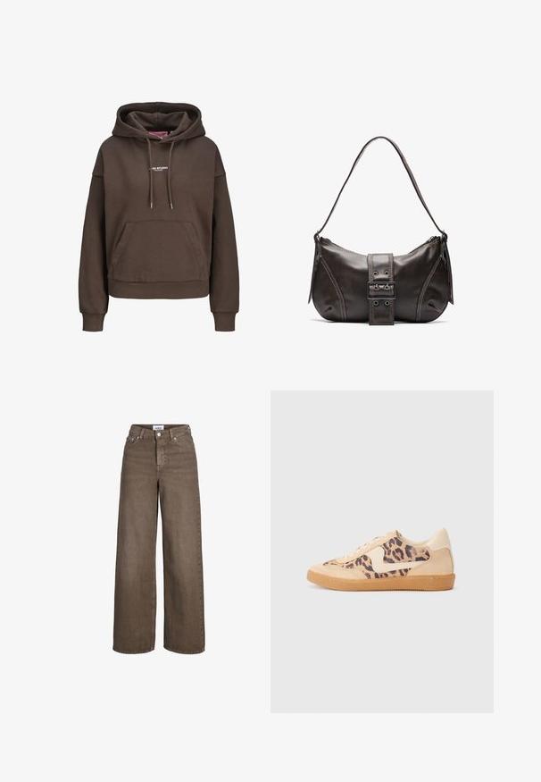Brun oversized hættetrøje med forlommekænguru, justerbar snøre i hætten, ribkant ved ærmerne og lille hvid "XX STUDIO" logo på brystet.; Brune højttaljede viddebenjeans med frontknap og lynlås, for- og baglommer samt bæltestropper.; Leopardprint sneakers med beige ruskindsoverdel, tan gummisål og hvide detaljer. Rund pegefinger og snørebåndsdesign med en tekstureret finish.; Brun læder skuldertaske med en buet form, der har et fremtrædende spænde, kontrasterende syninger og en enkelt skulderrem.