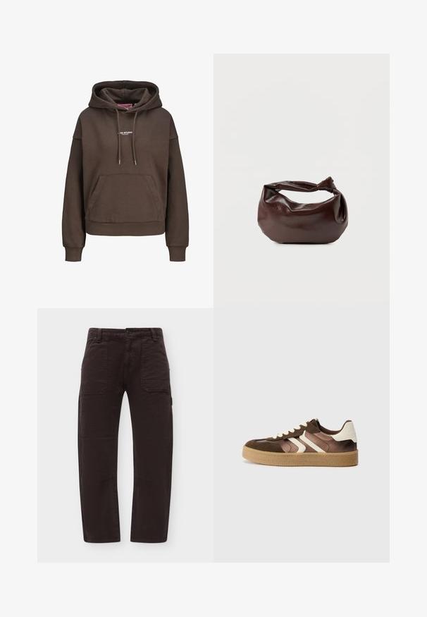 Bruine oversized hoodie met voorzak, verstelbare capuchon met trekkoord, geribbelde manchetten en een klein wit "XX STUDIO" logo op de borst.; Donkerbruine broek met rechte pijpen, opgestikte voorzakken, riemlussen en een knoopsluiting in de taille.; Bruine en crèmekleurige sneakers van een combinatie van suede en satijn, met drie diagonale strepen en een gestructureerde gumrubberen zool.; Donkerbruine leren schoudertas met een zachte, slungelige vorm en een gedraaide knoopvormige handgreep op een effen witte achtergrond.