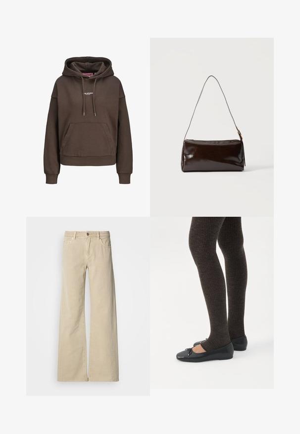 Bruine oversized hoodie met voorzak, verstelbare capuchon met trekkoord, geribbelde manchetten en een klein wit "XX STUDIO" logo op de borst.; Beige broek met hoge taille, wijde pijpen, voorste knoop, rits, riemlussen en vijfzakkenontwerp.; Benen met donkere geribbelde leggings gecombineerd met zwarte ballerina's met kleine strikdetails op een witte achtergrond.; Donkerbruine rechthoekige leren schoudertas met een enkele dunne band en goudkleurige gesp op een effen achtergrond.