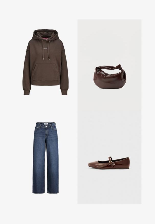 Brun oversized hættetrøje med forlommekænguru, justerbar snøre i hætten, ribkant ved ærmerne og lille hvid "XX STUDIO" logo på brystet.; Blå vidde cowboybukser med frontknap og lynlås, bæltestropper og lommer, vist på hvid baggrund.; Brun patentlæder balletflade med firkantet tå og strop med en lille guldbuckle. Glat tekstur, lav hæl og minimalistisk design.; Mørkebrun læder skuldertaske med en blød, afslappet form og et snoet knudehåndtag på en ensartet hvid baggrund.